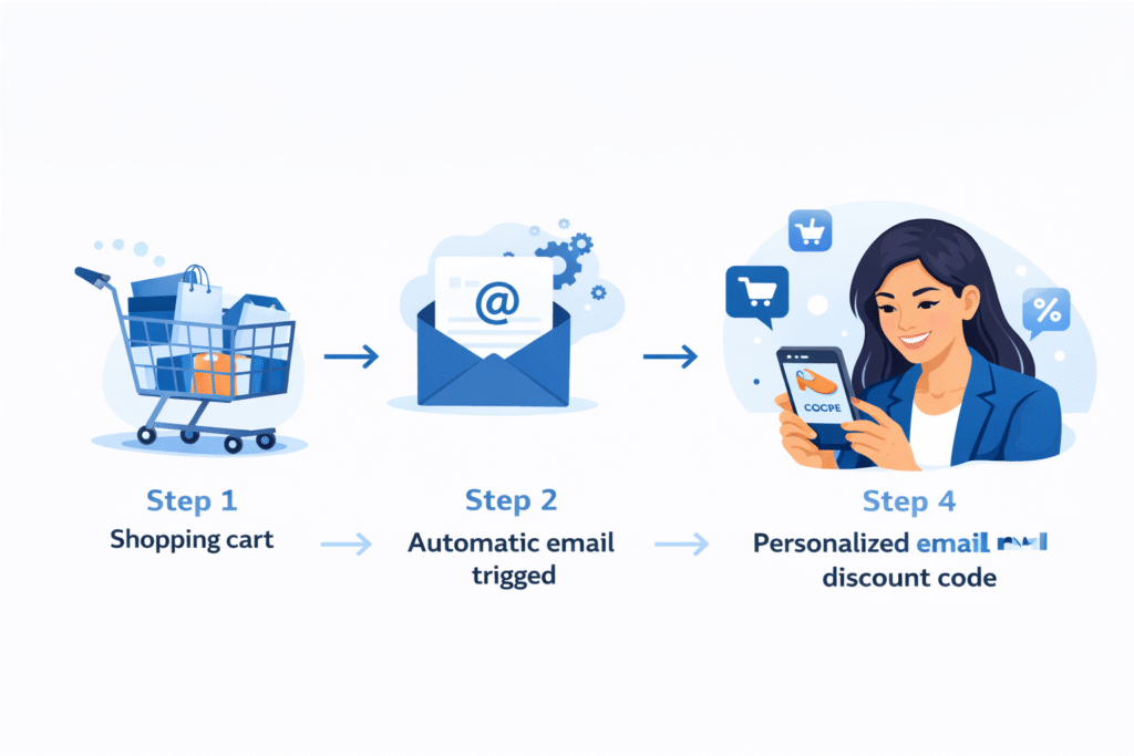 Illustration of a remarketing abandoned cart email workflow showing a shopping cart, automated email trigger, and personalised discount email on a phone