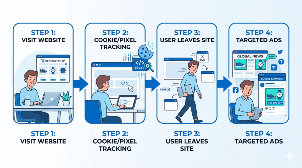 flowchart showing how retargeting works in 4 steps including website visit, cookie placement, user exit, and display ads appearing on other websites