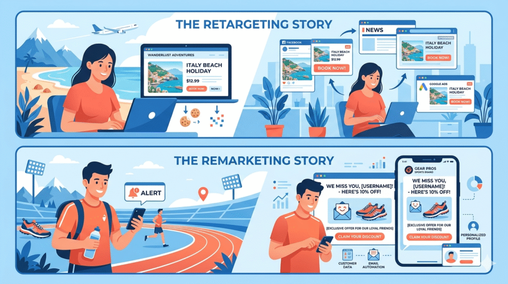wo-panel illustration showing a retargeting example with travel ads following a user online and a remarketing example with a personalised discount email from a sports brand