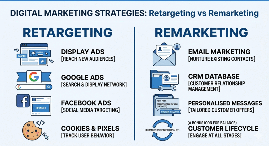 Two-panel illustration showing a retargeting example with travel ads following a user online and a remarketing example with a personalised discount email from a sports brand